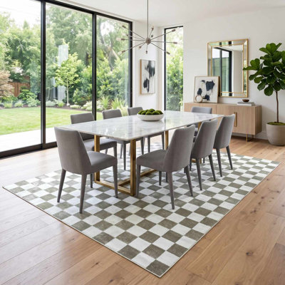 Tapis Manhattan à carreaux géométriques gris-brun/crème lavable à la machine
