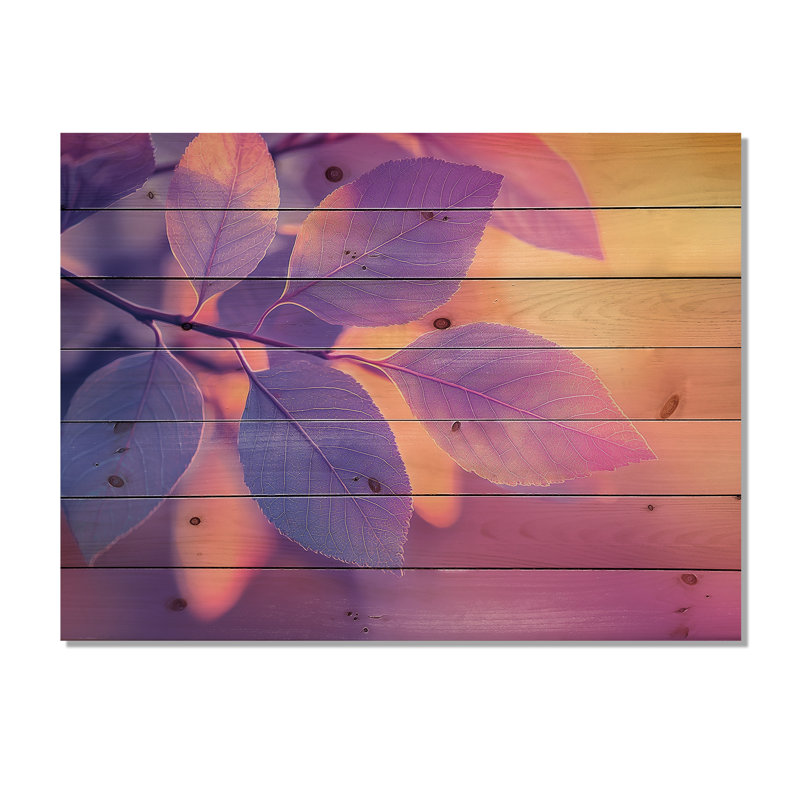 Coucher de soleil sur les feuilles II - Art mural en bois de feuilles - sur bois de pin naturel, H 30 po x l 40 po