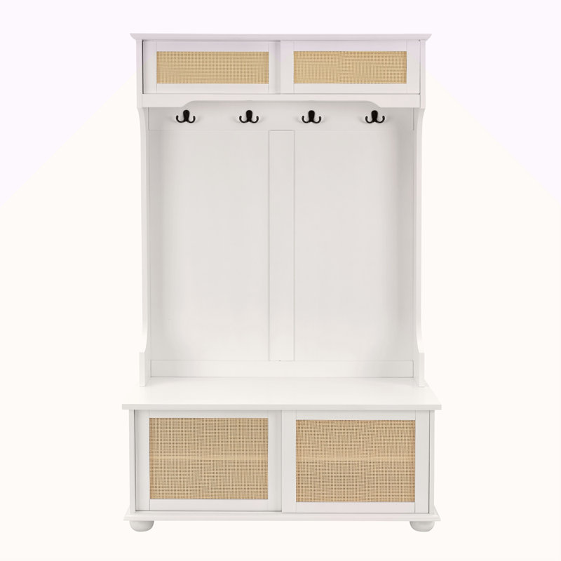 Casual Style Hall Tree Entryway Bench With Rattan Door Shelves And Shoe Cabinets, SOLID WOOD Feet, 40.16"W*18.58"D*64.17"H