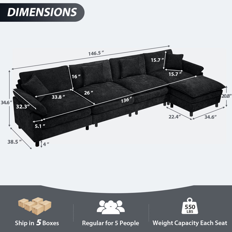 Canapé modulaire rembourré en L avec repose-pieds, Chenille noir, H 34,6 po x l 146,5 po x P 57,8 po