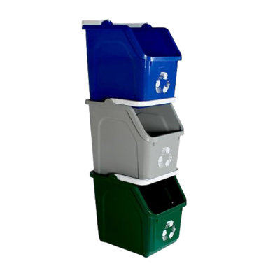 Sturdy Essentials Multi Bin Recycling System With Three Stackable 6 Gallon Recycle Bins To Build Your Recycling Centre For Offices, Kitchen, Garages, Businesses (3 Pack, Blue/grey/green)