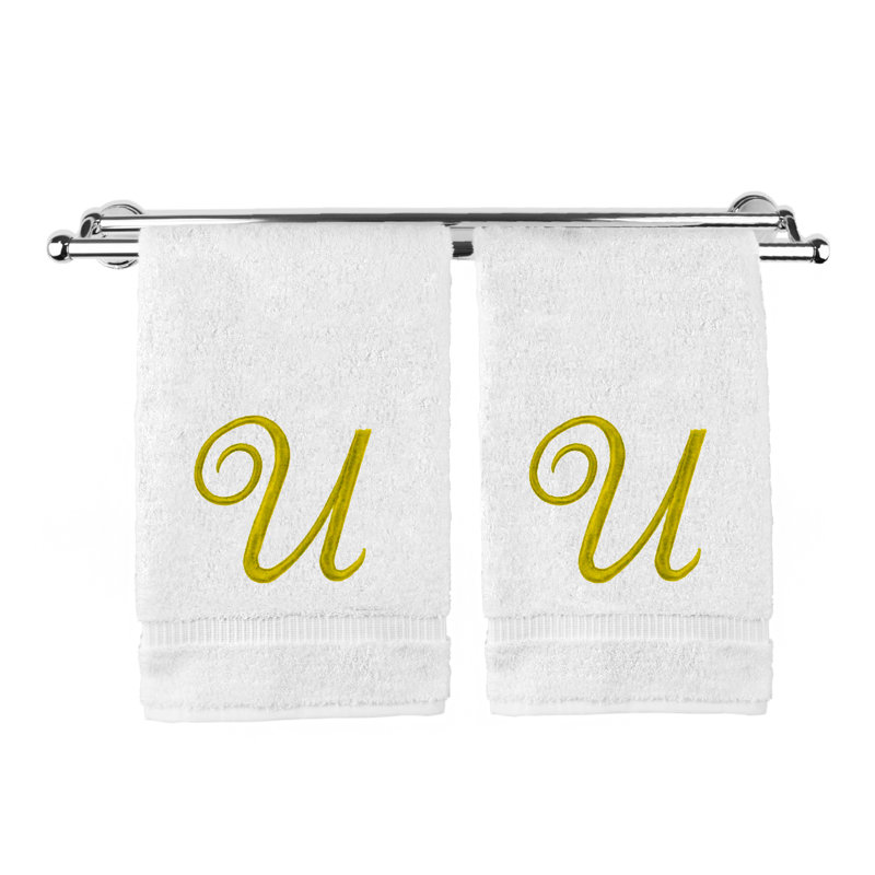 Ensemble de serviettes 2 pièces 100% coton monogramme, Blanc/doré, U