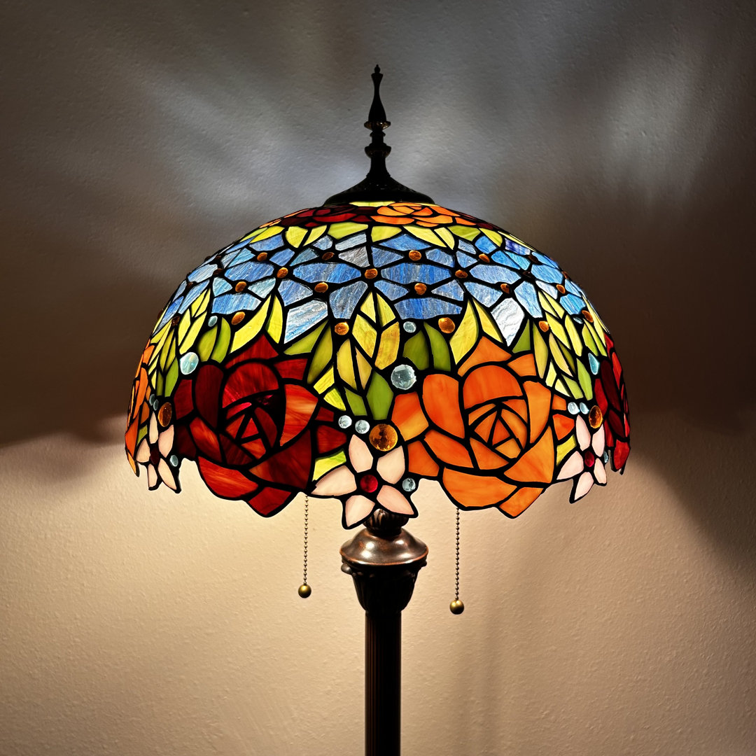 Aansh Tiffany Style Floor Lamp Stained Glass Rose Flowers Metal Base LED Bulbs Included 64"H*16"W*16"D Bloomsbury Market Shade 