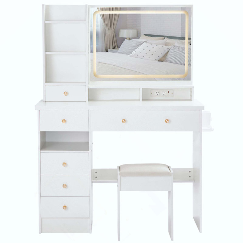 Large Size Left Drawer Desktop Vanity Table+Cushioned Stool Dresser Set, 2 AC+2 USB Power Station, Hair Dryer Stand, Extra Large Touch Control LED Mirror, 3-Color Switch, EPA, GCC, UL Certificate