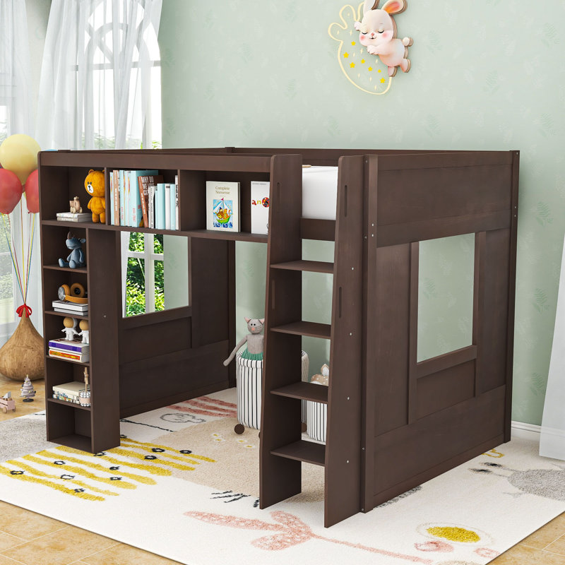 Grand lit mezzanine en bois avec tablettes, garde-corps et lattes, Brun