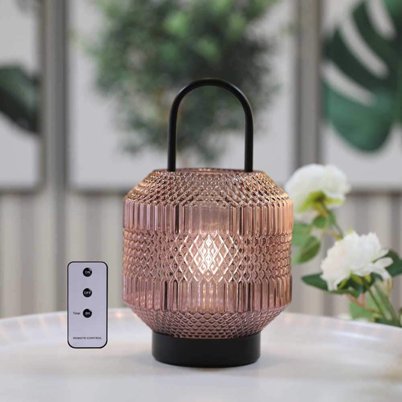 Battery Operated Glass Table Lamp 10.5" H Cordless Battery Lamps LED Lantern with 6H Timer