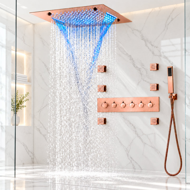 Système de douche thermostatique complet à DEL de luxe avec valve brute et inverseur, Or rose