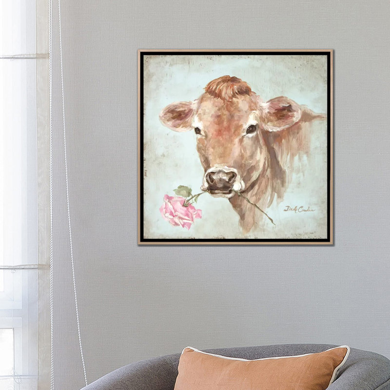 « Cow with Rose », reproduction, H 18 po x l 18 po x P 1,5 po, Toile flottante en bois naturel avec cadre flottan