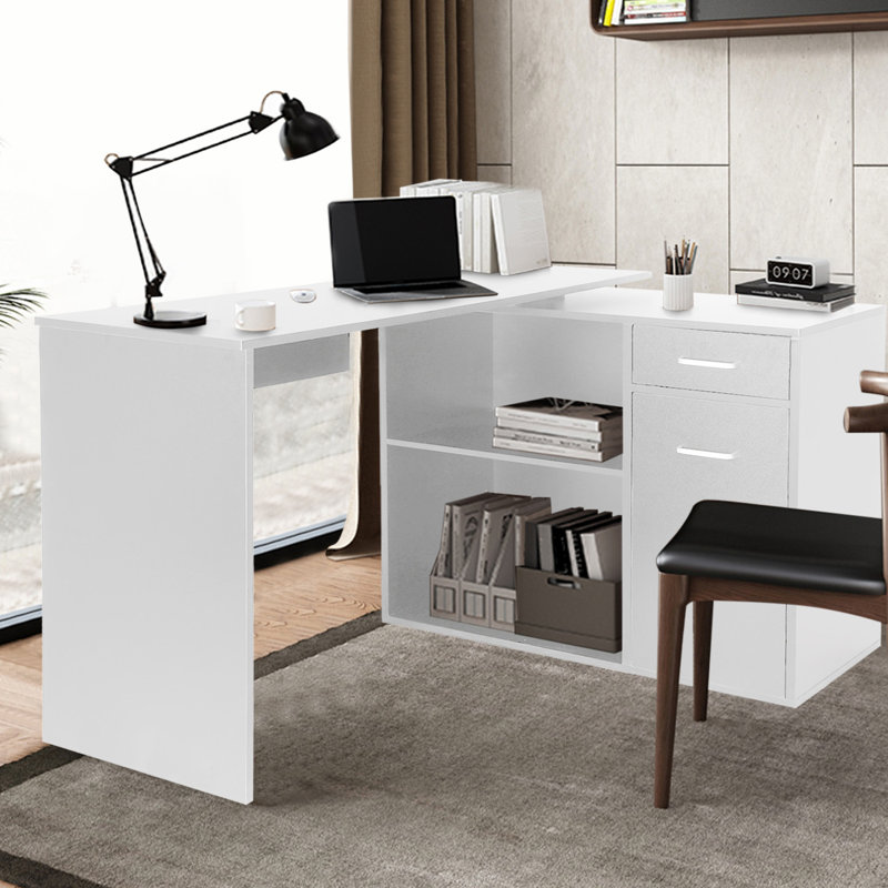 Selena L-Shaped Computer Desk With 4 Storage, White