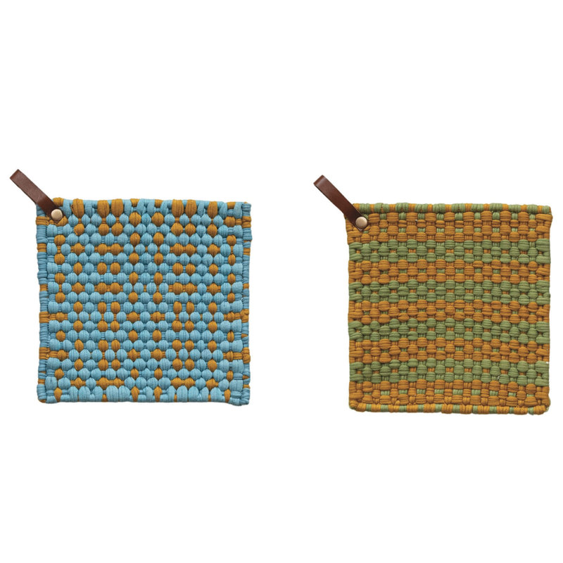 Multi-Tone Cotton Crocheted Pot Holder With Leather Loop, Yellow/Green/Pink/Black