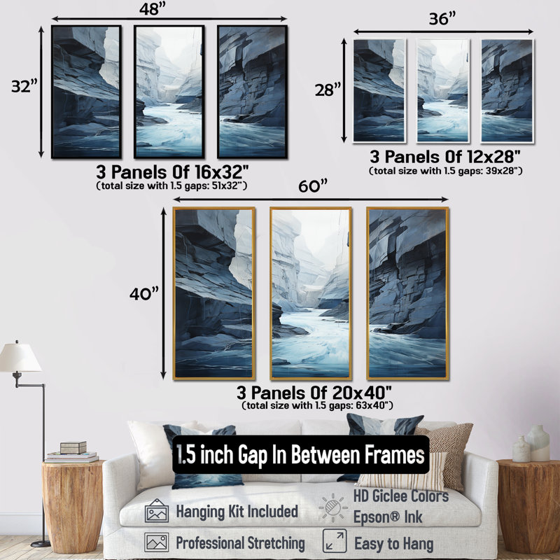 Bleu et gris Canyon Scenery - ensemble de reproduction d'art mural Canyon, Cadre flottant blanc, H 40 po x l 60 po x P 1 po