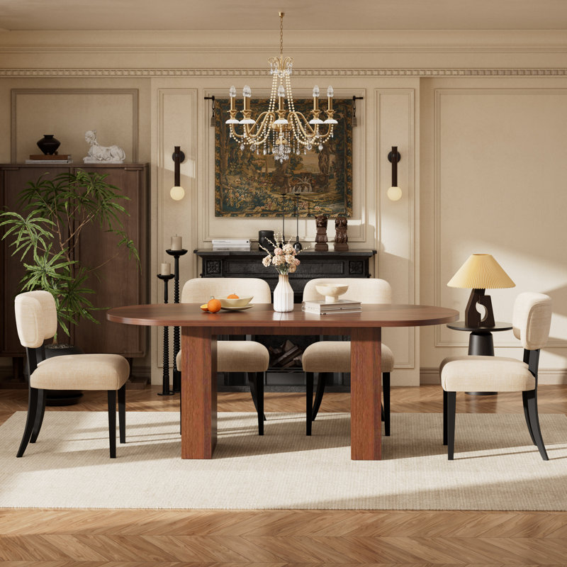 Oval Dining Table Set 62.9In MDF Tabletop With 4-6 Upholstered Fabric Dining Chairs For Kitchen Dining Room, Noyer