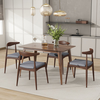 [Vidéo] Ensemble de salle à manger 5 pièces 1 table 4 chaises, structure en bois d'hévéa, plateau de table en faux bois, rétro - élégant pour la cuisine et la salle à manger familiale, noyer et gris clair (même référence: N759S002001D)