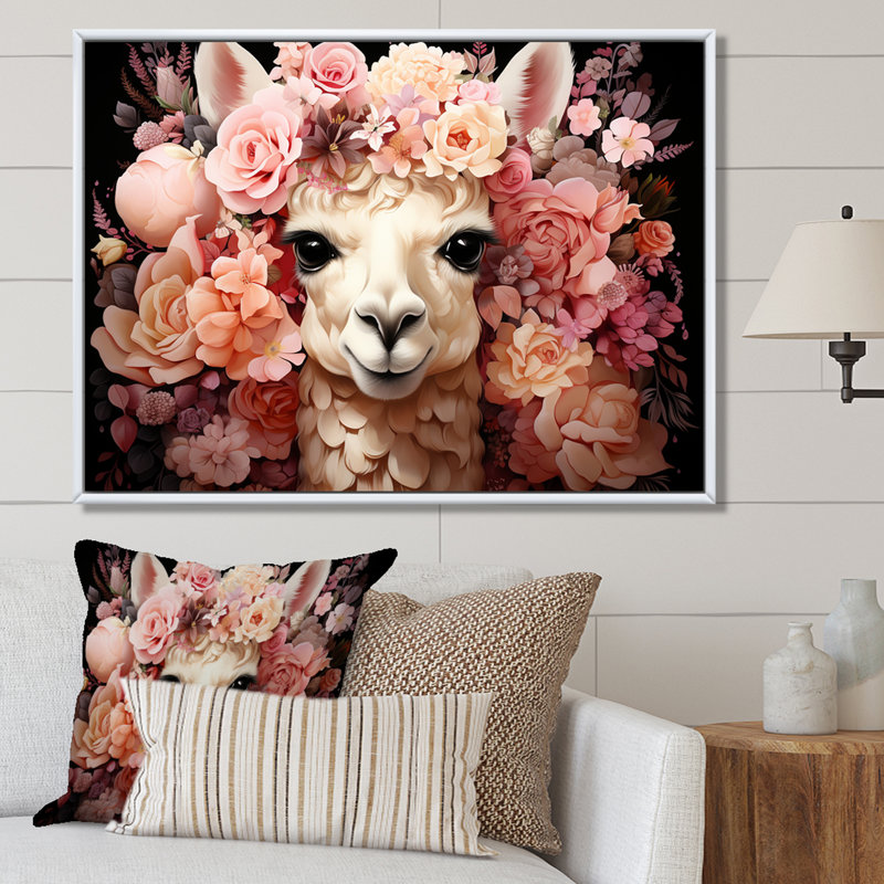 Fleur rose, couronne d'alpaga, art mural, Cadre flottant brun, H 12 po x l 20 po x P 1 po