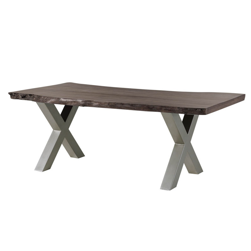 Freeform Acacia Free Form Wood Top Dining Table, 77cm H x 180cm L x 90cm W, in Grey, Silver and black