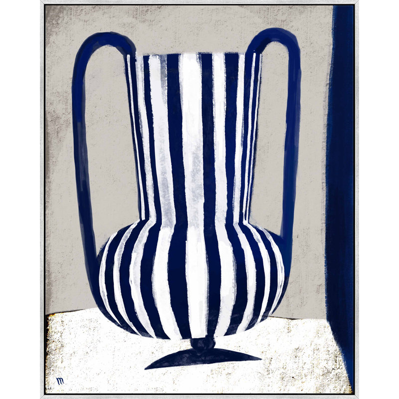 Blue Striped Vase Painting by Marco Marella For Studio M, 30" W x 38" H, Silver Framed Canvas