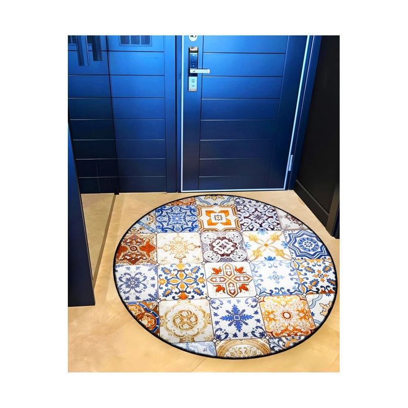 Orange Blue Beige Tile Patterned Woven Base Decorative Carpet, Round 4'