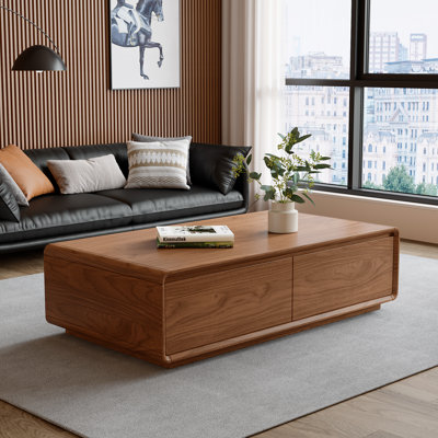 47.2" Mid-Century Modern Walnut Coffee Table with 4 Storage Drawers