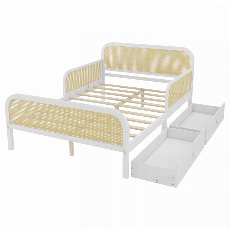 Lit plateforme en rotin avec tiroirs de rangement, tête et pied de lit, Full / Double, White