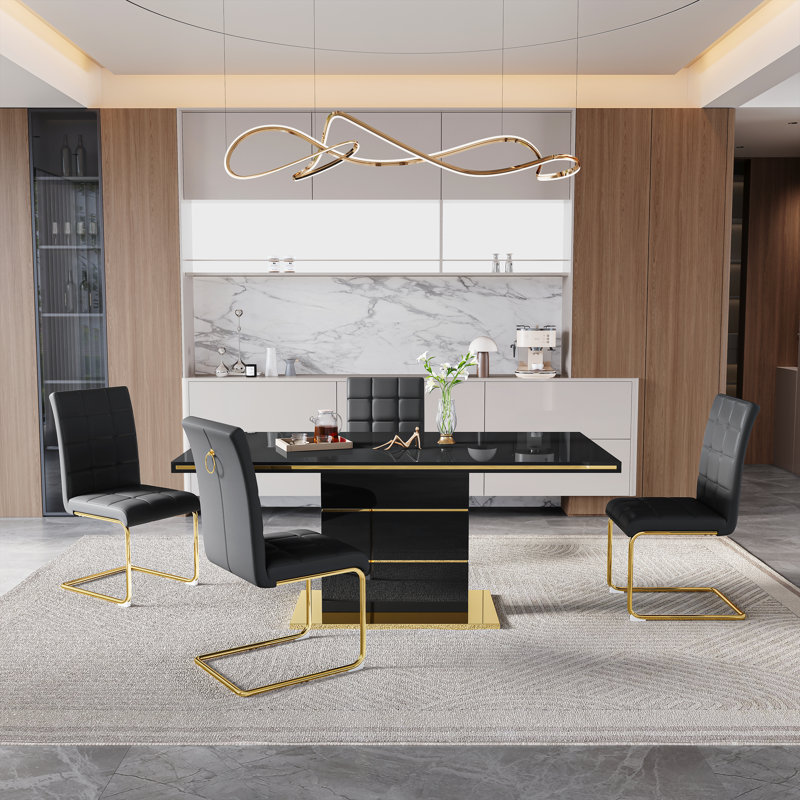 5-Piece Glass Top Dining Table Sets, Black, Black/Gold, Black/Gold