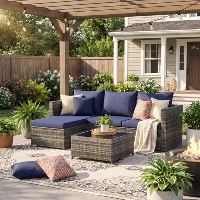3 Pieces Patio Furniture Set, Outdoor Woven Sectional L- Shaped Patio Furniture, Wicker Conversation Set with Ottoman for Backyard Poolside