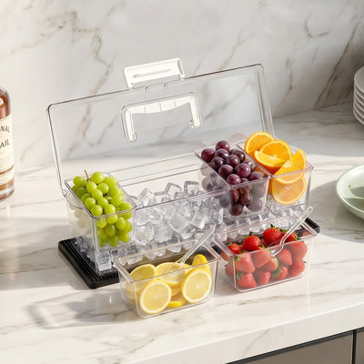 Serviteur réfrigéré à condiments, 5 compartiments de service refroidis à la glace, plateau de garniture de fruits en plastique avec couvercle, pour accessoires de bar à salade Taco, articles de restaurant pour la fête à domicile