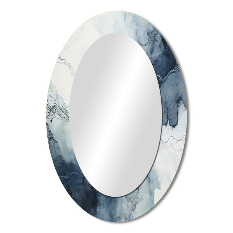 Bleu et blanc Marble River III - Miroir décoratif ovale abstrait sur métal, 36 po x 24 po