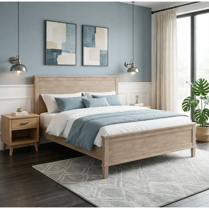 Lit plateforme en bois avec tête de lit Mid-Century, Lit double, Dérive en mer