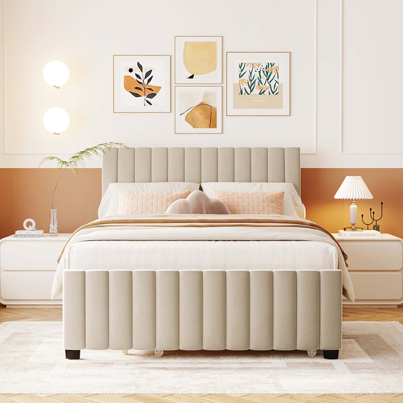 Velvet Upholstered Platform Bed with Trundle, Beige, Full/Double