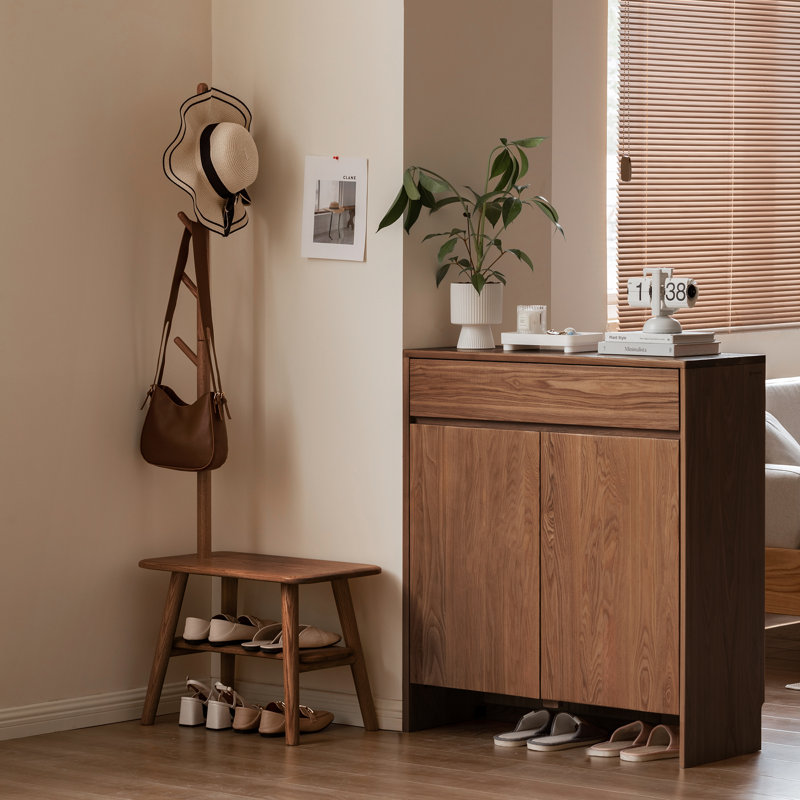 Tabouret Mid-Century avec support en tissu, banc de rangement avec coussin en éponge, Noyer