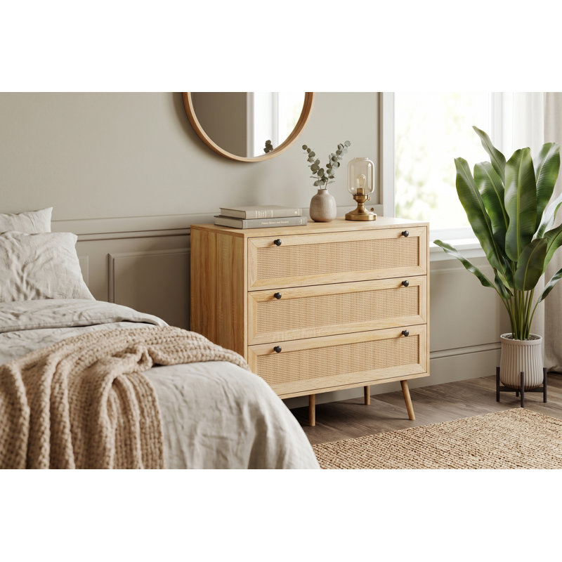 Commode à 3 tiroirs de style Mid-Century avec façades en rotin, commode d'aspect bois au fini chêne naturel pour le rangement de la chambre à coucher ou du salon