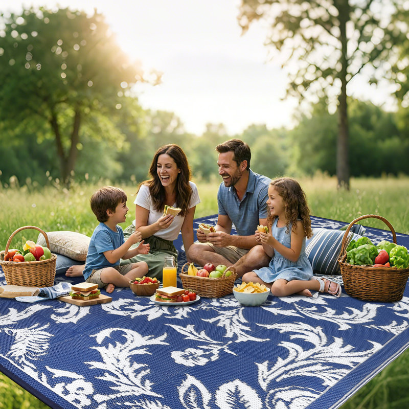 Waterproof Outdoor Rug 8x10 for Patio, Foldable Reversible Modern Area Rug, Large Plastic Straw Mat for Camping, RV, Porch, Backyard, Deck, Picnic, Beach, Blue & White