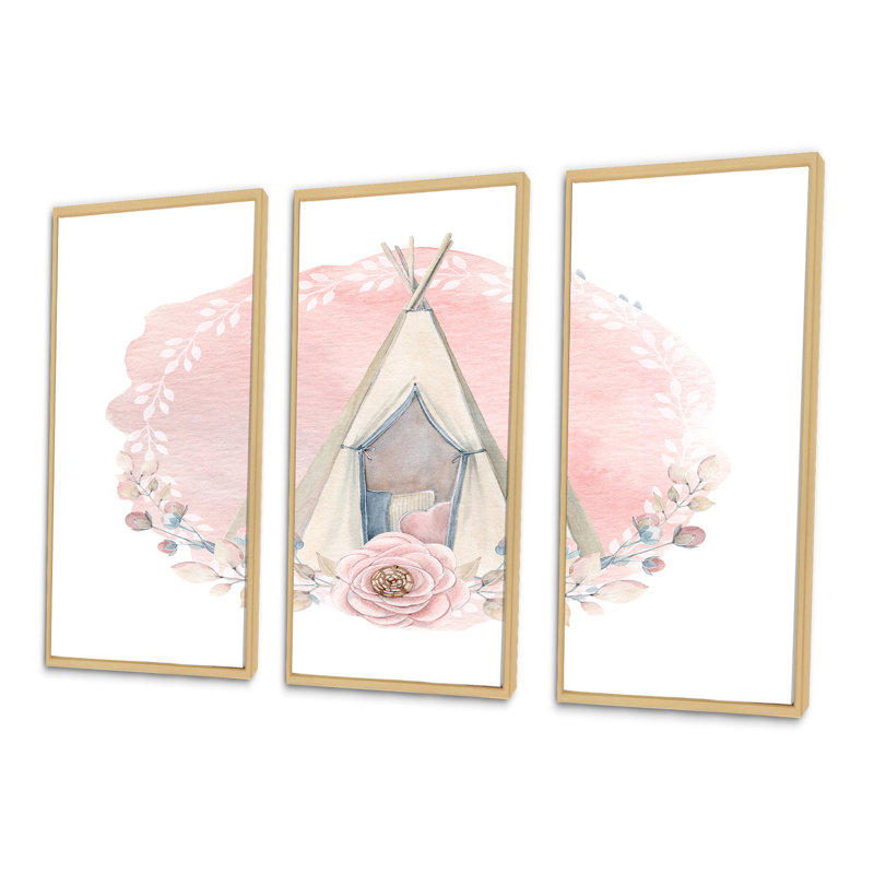 «Kids Boho Wigwam In Pink», peinture sur toile 3 pièces, H 32 po x l 48 po, Cadre brun