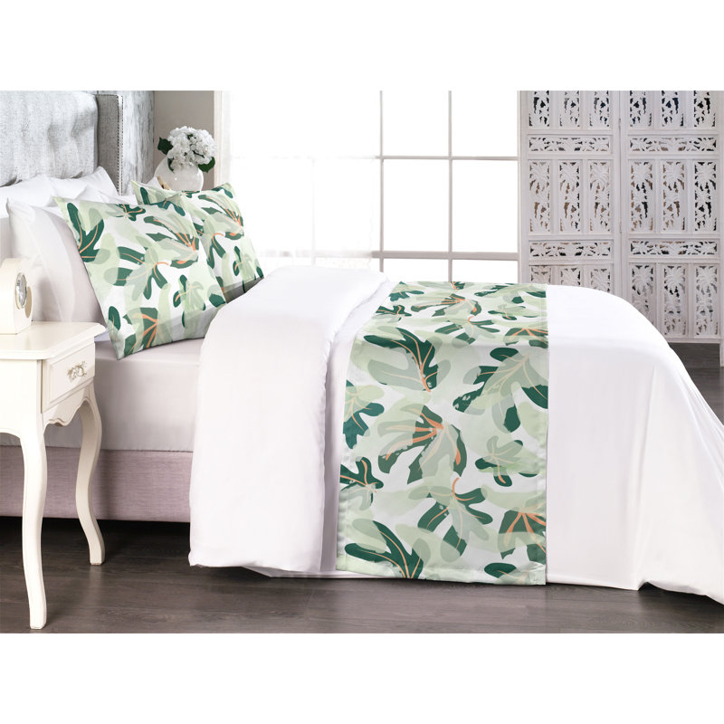 Ambesonne Leafy Design Bed Runner Set Simple Exotic Leaves Forest Green Pale Green, King