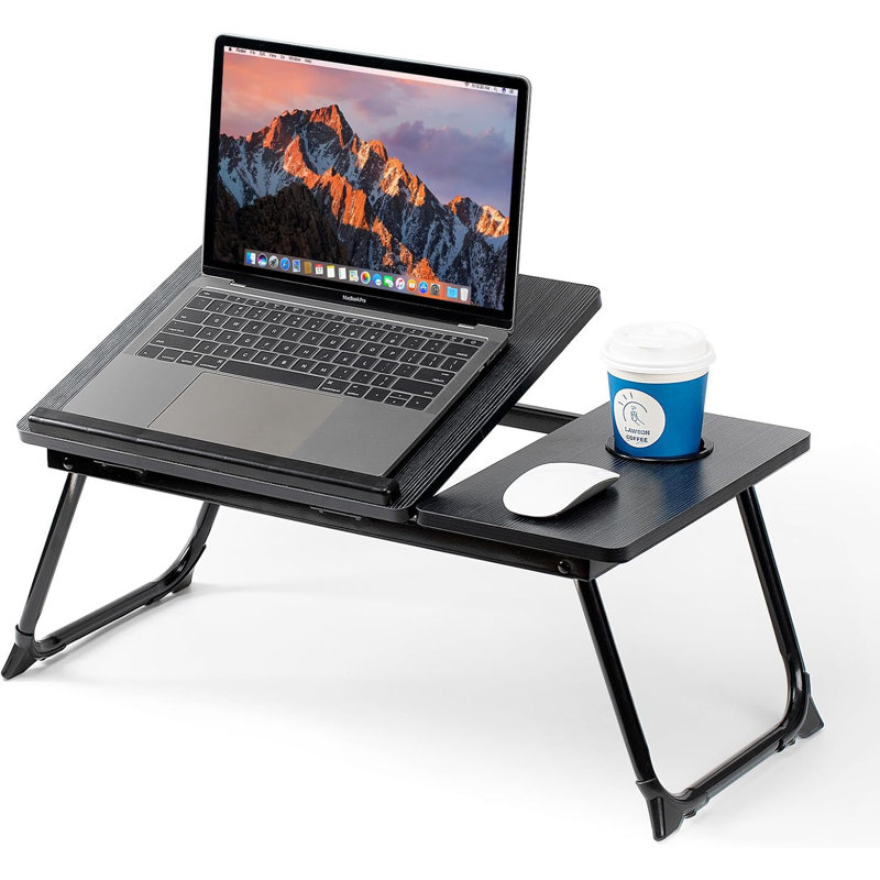 Black & Gold Vertical-Stripe Folding Table, Adjustable Laptop Desk For Bed And Couch With Cup Holder, Portable Lap Desk For Working, Reading And Dining