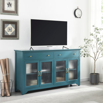 Meuble télé 65 po avec buffet, finition bleu sarcelle, tablettes réglables et console unitaire. Rangement de buffet