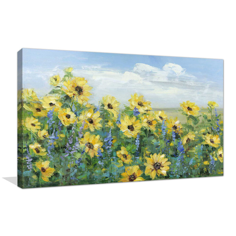 «Sunflower Fields Forever» par - Peinture, Toile tendue, H 28 po x l 48 po x P 1,5 po
