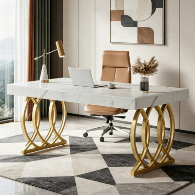 63" Executive Desk, Modern Faux Marble Office Computer Desk With Gold Metal Frame