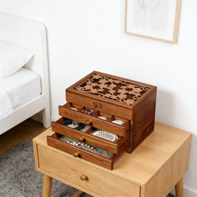 Boîte à bijoux en bois massif avec 3 tiroirs et 26 compartiments - Organisateur de rangement pour bijoux pour femme