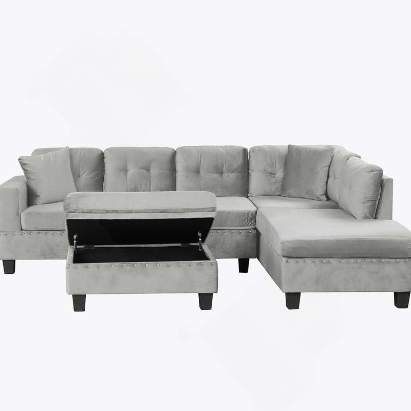 Canapé modulaire de 105 po avec repose-pieds avec rangement, canapé en L avec 2 coussins et porte-gobelets, canapé modulaire avec méridienne réversible pour le salon, gris