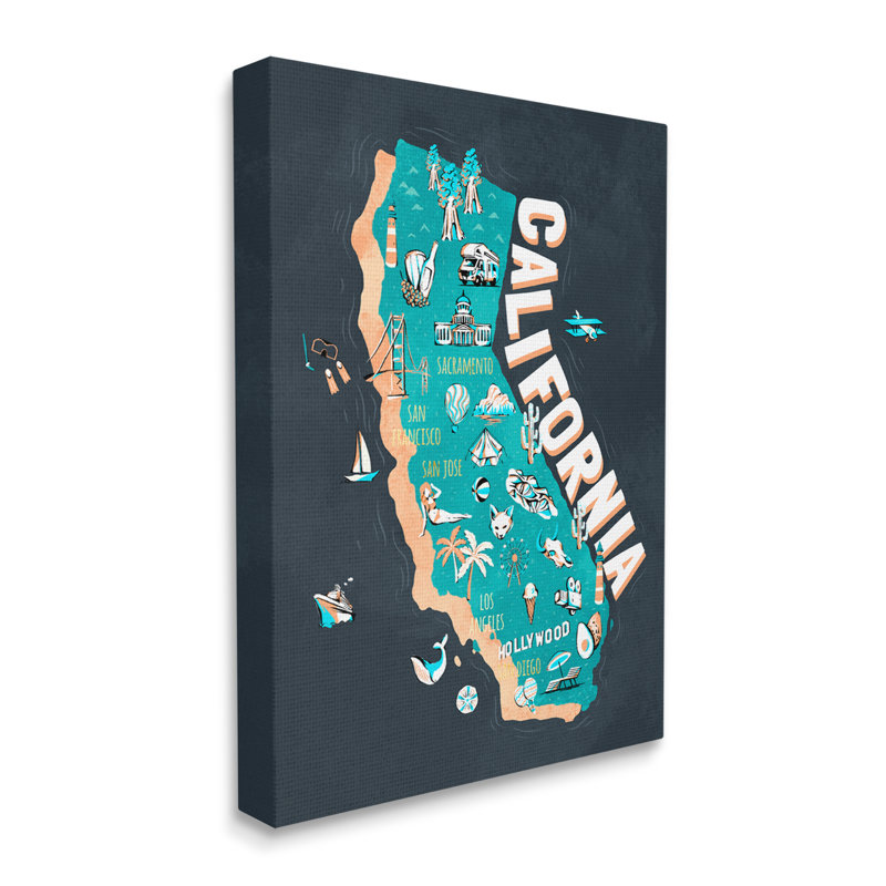 «California Golden State», carte iconographique sur toile «surdimensionnée» par Ziwei Li, Toile tendue, H 16 po x l 20 po