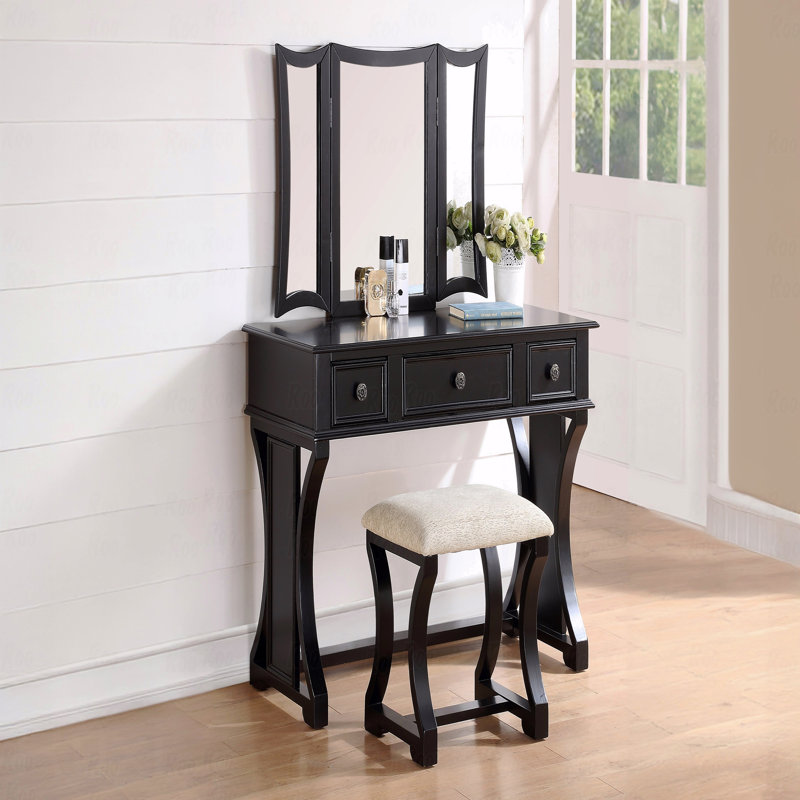 Meuble-lavabo de chambre à coucher de style unique et moderne avec tabouret pliable et miroir, Noir