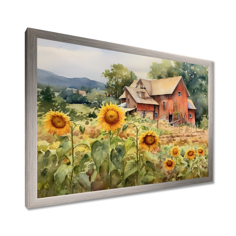 Tournesol doré à la ferme III - art mural floral, H 30 po x l 40 po x P 1,5 po, Cadre photo argenté