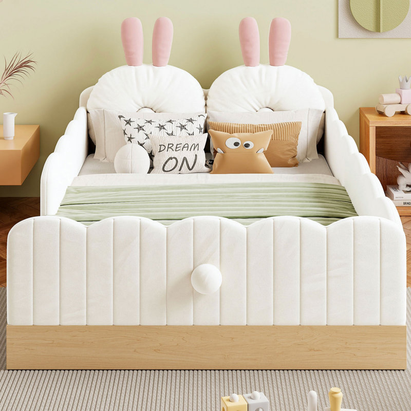 Upholstered Platform Bed with Storage, Beige