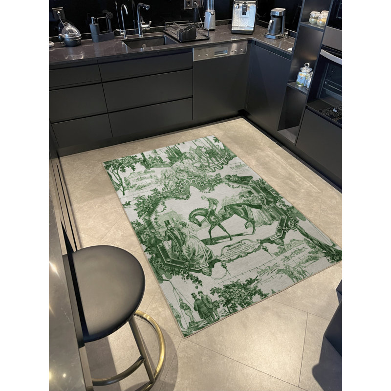 Tapis décoratif vert et beige à motif de chevaux, Rectangle 3 pi 3 po x 6 pi 7 po