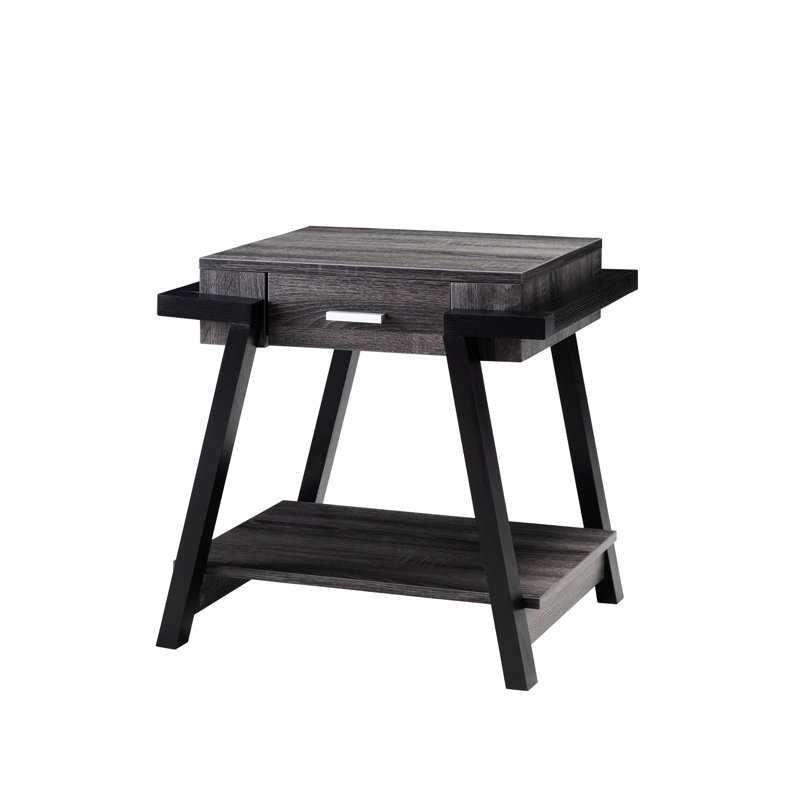 Table d'appoint grise / noire vieillie avec tiroir et tablette de rangement