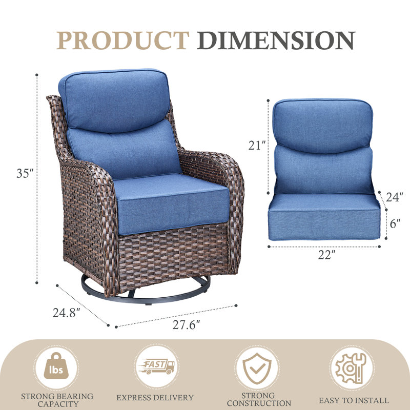2-Pieces Outdoor Wicker Swivel Rocker Chairs With 6" Thick Cushions For Patio