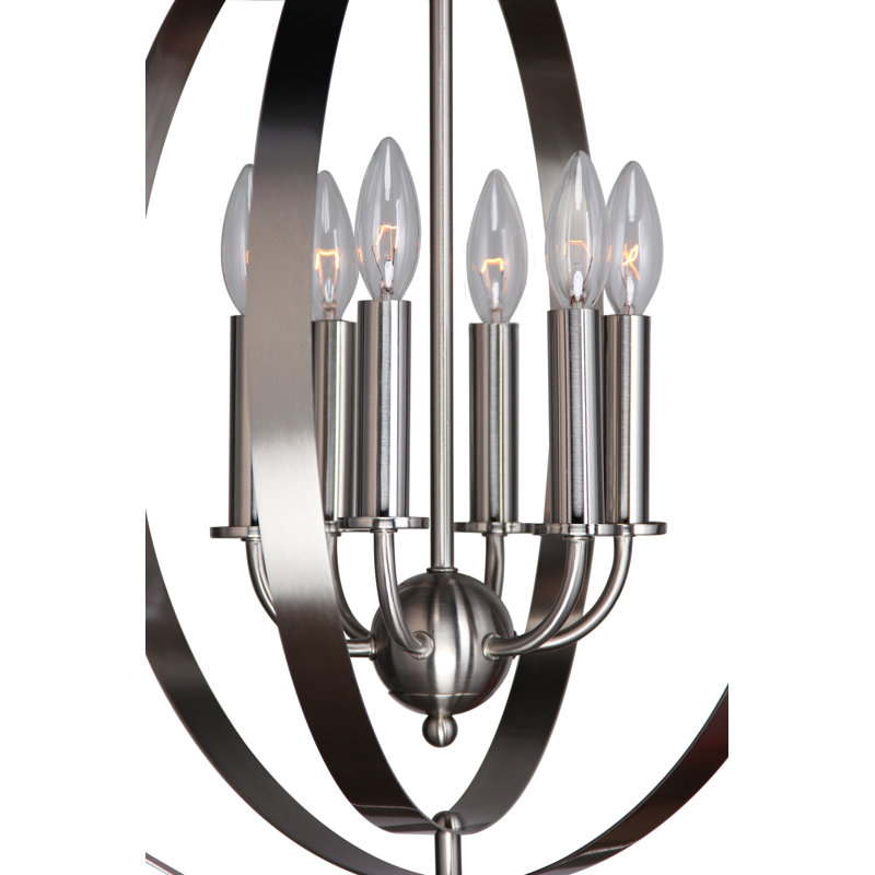 Lustre de globe 6 lumières de style bougie Lando, Nickel satiné