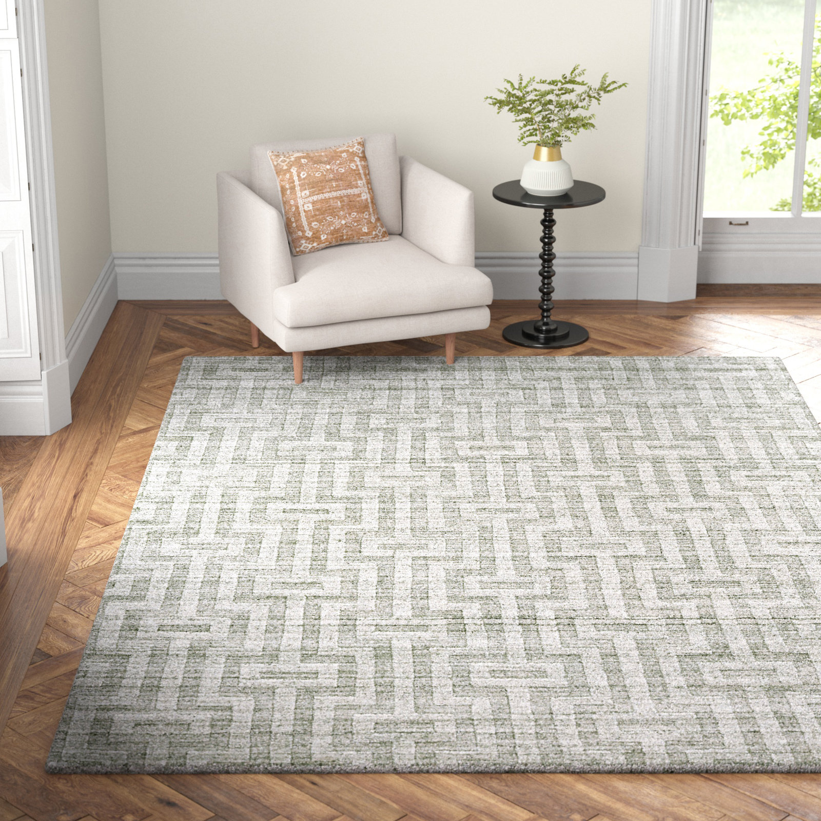 Marcia Fog Gray Hand-Loomed Geometric Silk Rug, Rectangle 8'6" x 11'6"