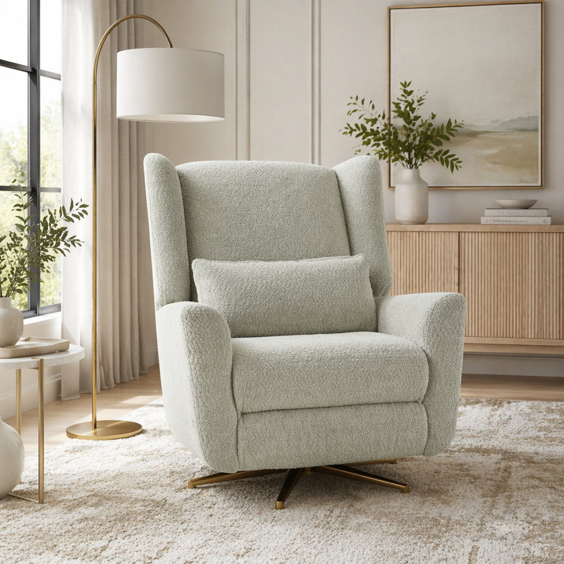 Fauteuil inclinable électrique pivotant avec revêtement Boucle et base dorée, Or, vert clair